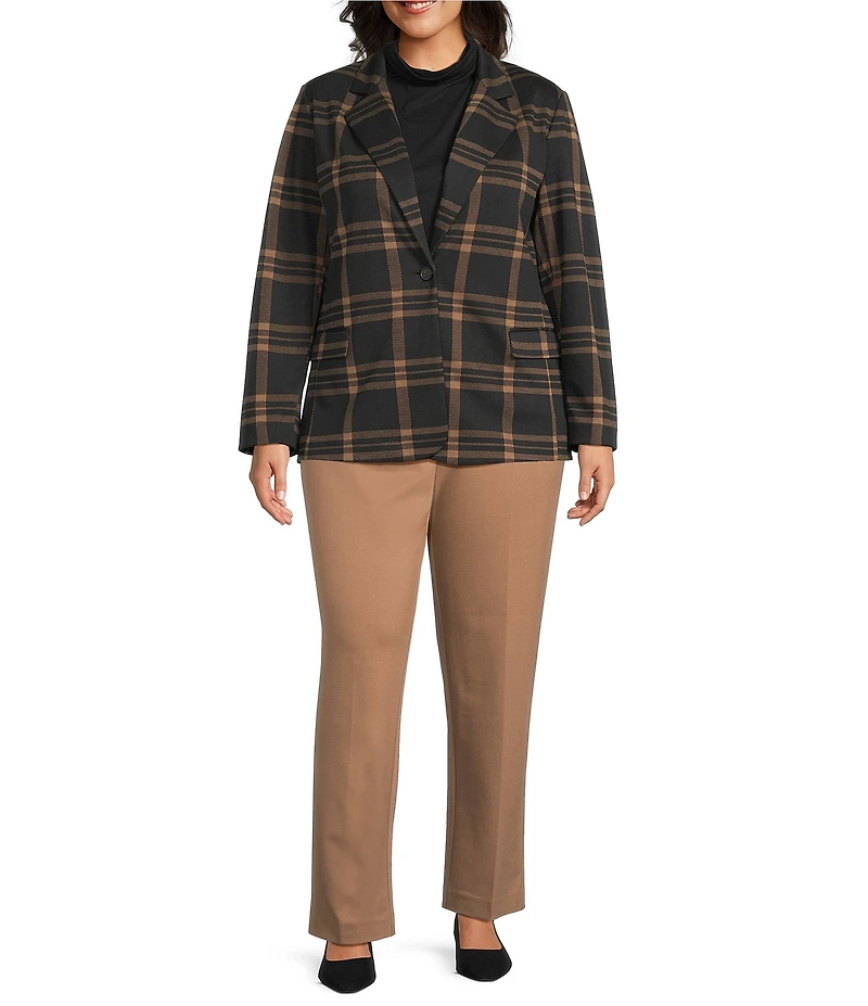 Investments Plus Large Windowpane Long Sleeve One Button Notch Lapel Blazer