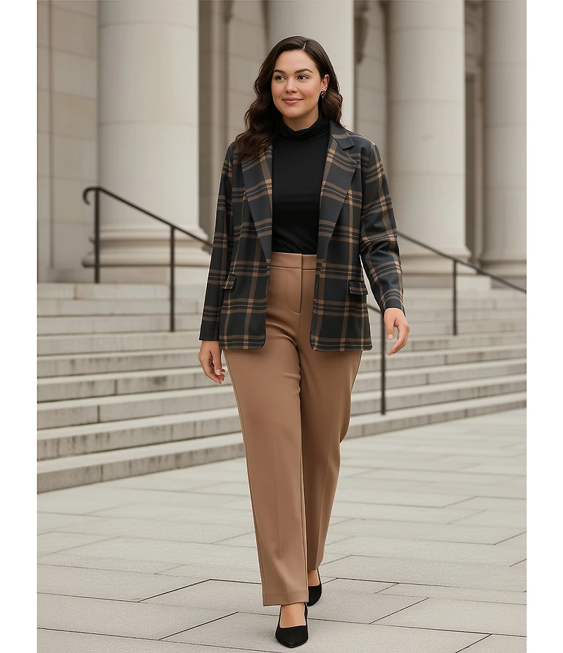 Investments Plus Large Windowpane Long Sleeve One Button Notch Lapel Blazer