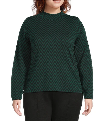 Investments Plus Rainforest Zig-Zag Mock Neck Pullover Long Sleeves Top