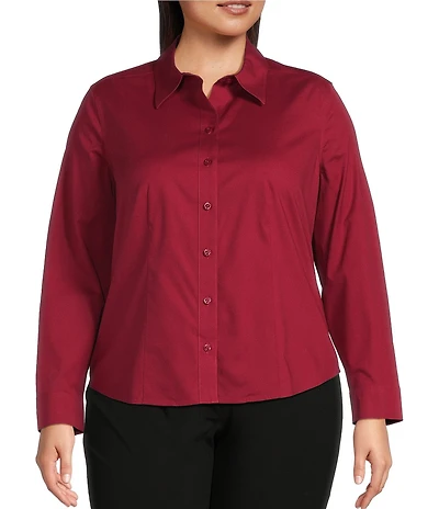 Investments Plus Rumba Red Woven Long Sleeve Point Collar Button Front Top
