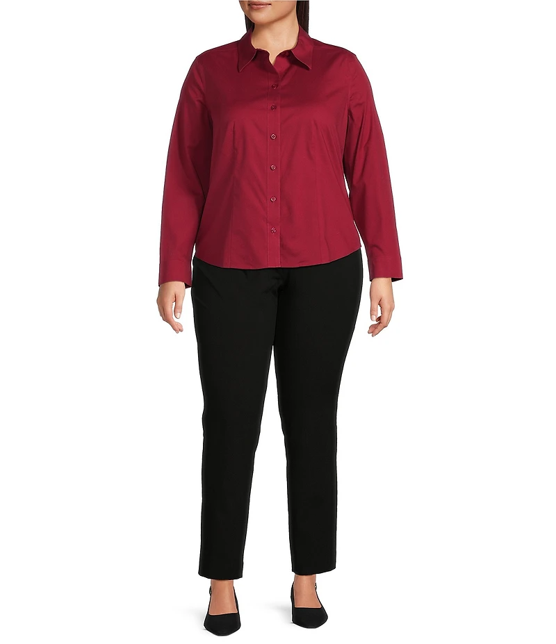 Investments Plus Rumba Red Woven Long Sleeve Point Collar Button Front Top