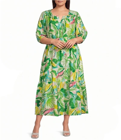 Investments Plus Size Abstract Tropical Short Cuff Sleeve Split Round Neck Maxi Crinkle Dress