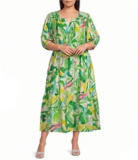 Investments Plus Size Abstract Tropical Short Cuff Sleeve Split Round Neck Maxi Crinkle Dress