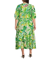 Investments Plus Size Abstract Tropical Short Cuff Sleeve Split Round Neck Maxi Crinkle Dress