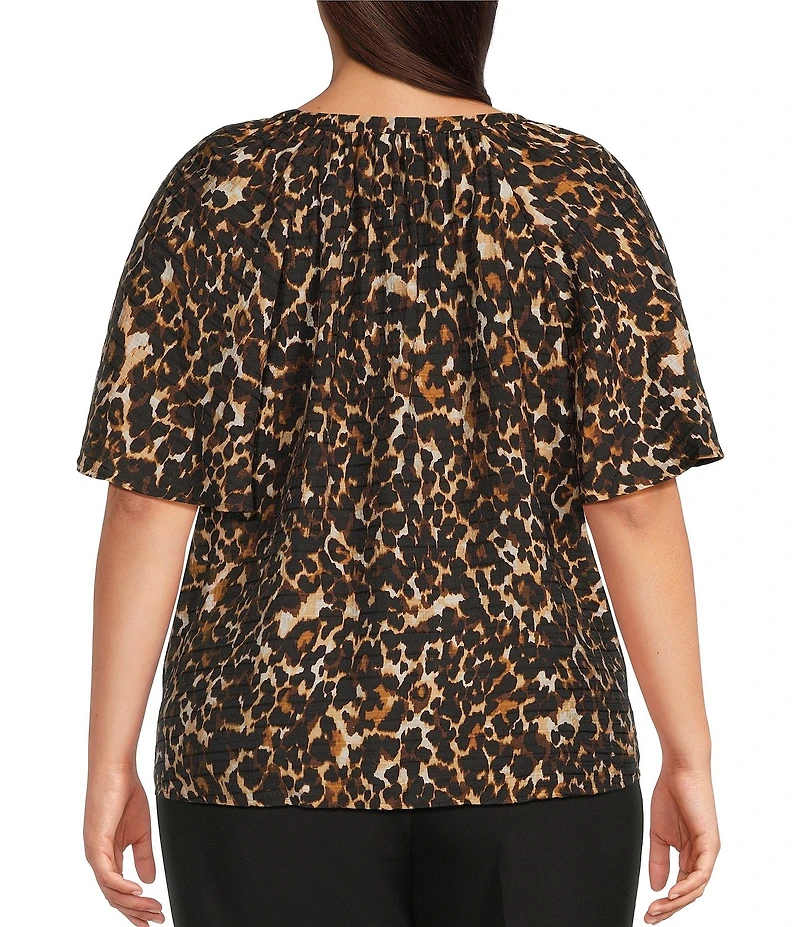 Investments Plus Size Autumn Animal Print Short Ruffle Sleeve Split-V Neck Blouse