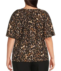 Investments Plus Size Autumn Animal Print Short Ruffle Sleeve Split-V Neck Blouse