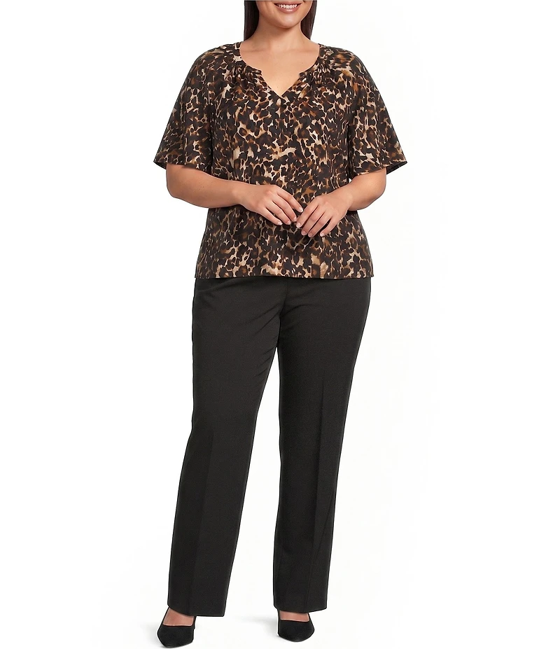 Investments Plus Size Autumn Animal Print Short Ruffle Sleeve Split-V Neck Blouse