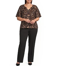 Investments Plus Size Autumn Animal Print Short Ruffle Sleeve Split-V Neck Blouse