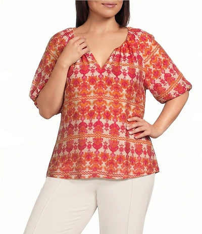 Investments Plus Size Bold Geo Stripe Print 3/4 Bubble Sleeve Split Round Neck Blouse