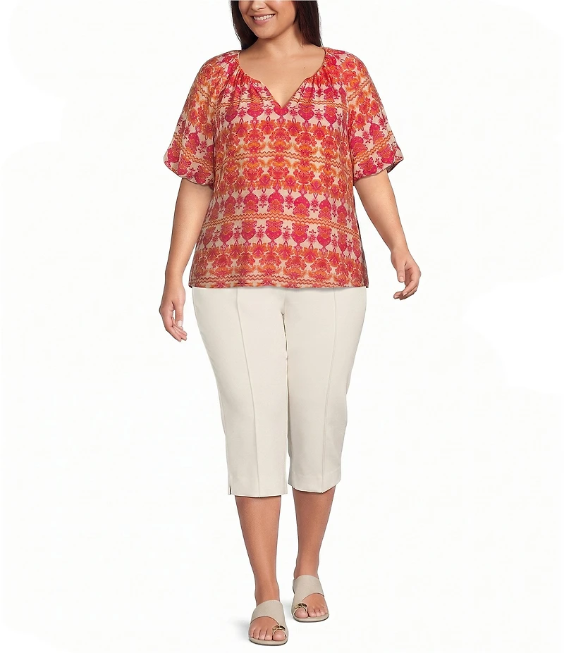 Investments Plus Size Bold Geo Stripe Print 3/4 Bubble Sleeve Split Round Neck Blouse
