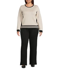 Investments Plus Size Border Stripe Long Sleeve Crew Neck Pullover Top