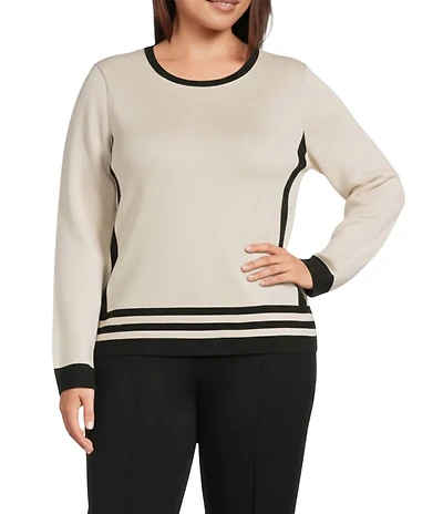 Investments Plus Size Border Stripe Long Sleeve Crew Neck Pullover Top