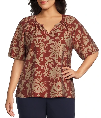 Investments Plus Size Botanical Floral Print Short Ruffle Sleeve Split-V Neck Blouse