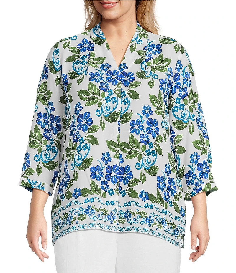 Investments Plus Size Caroline Signature Stamped Hibiscus V-Neck 3/4 Sleeve Button Front Top
