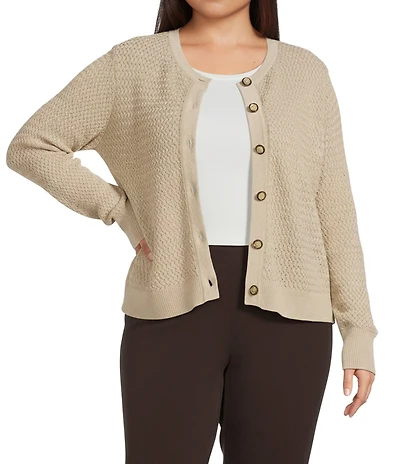 Investments Plus Size Charlotte Crew Neck Long Sleeve Button Front Cardigan