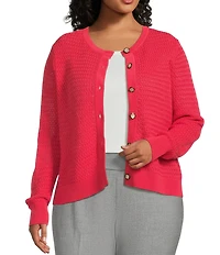 Investments Plus Size Charlotte Crew Neck Long Sleeve Button Front Cardigan