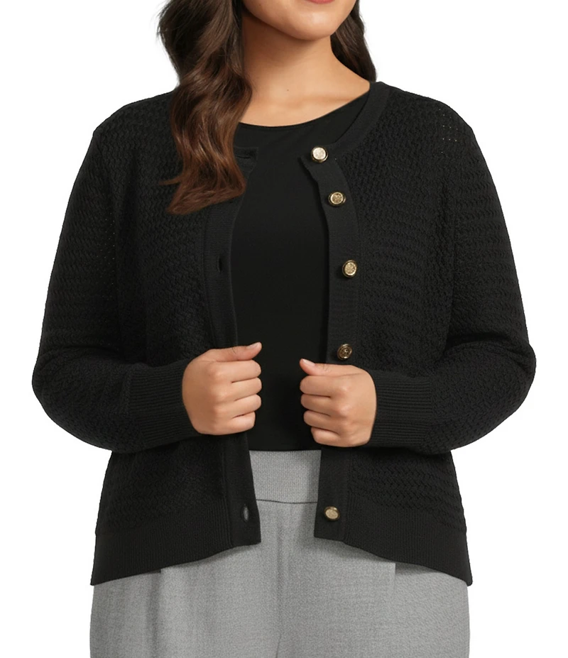 Investments Plus Size Charlotte Crew Neck Long Sleeve Button Front Cardigan