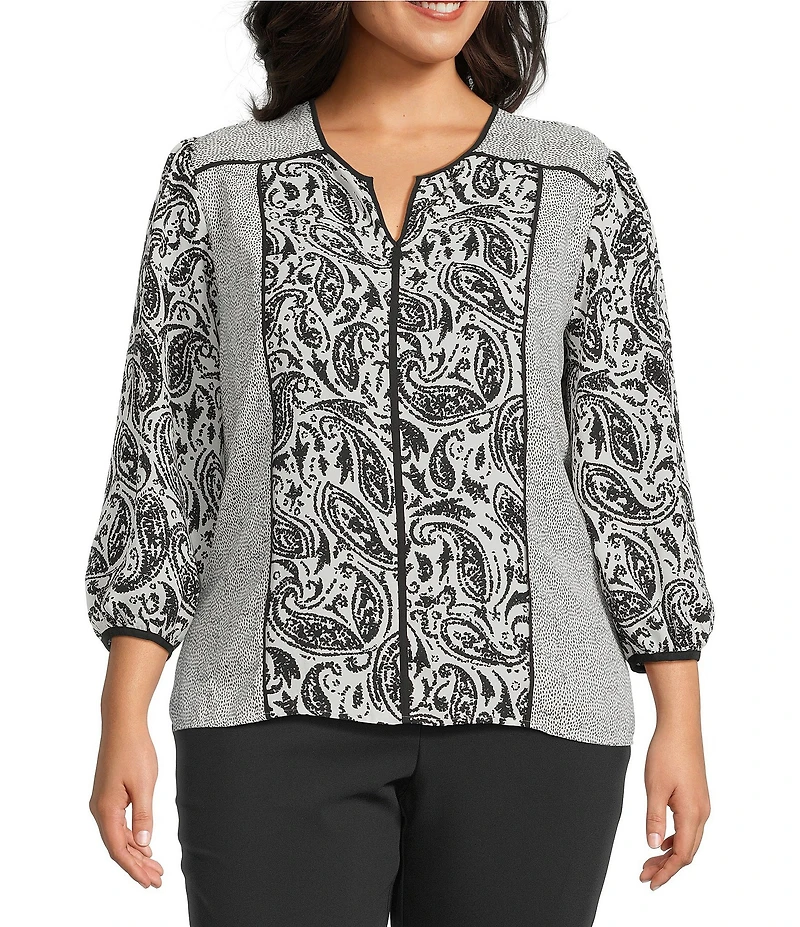 Investments Plus Size Dotted Paisley Mixed Print 3/4 Sleeve Split Round Neck Blouse