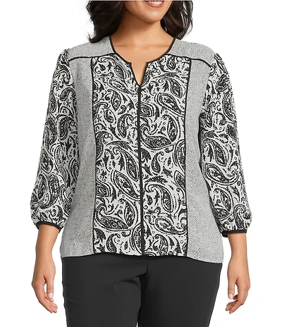 Investments Plus Size Dotted Paisley Mixed Print 3/4 Sleeve Split Round Neck Blouse