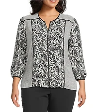 Investments Plus Size Dotted Paisley Mixed Print 3/4 Sleeve Split Round Neck Blouse