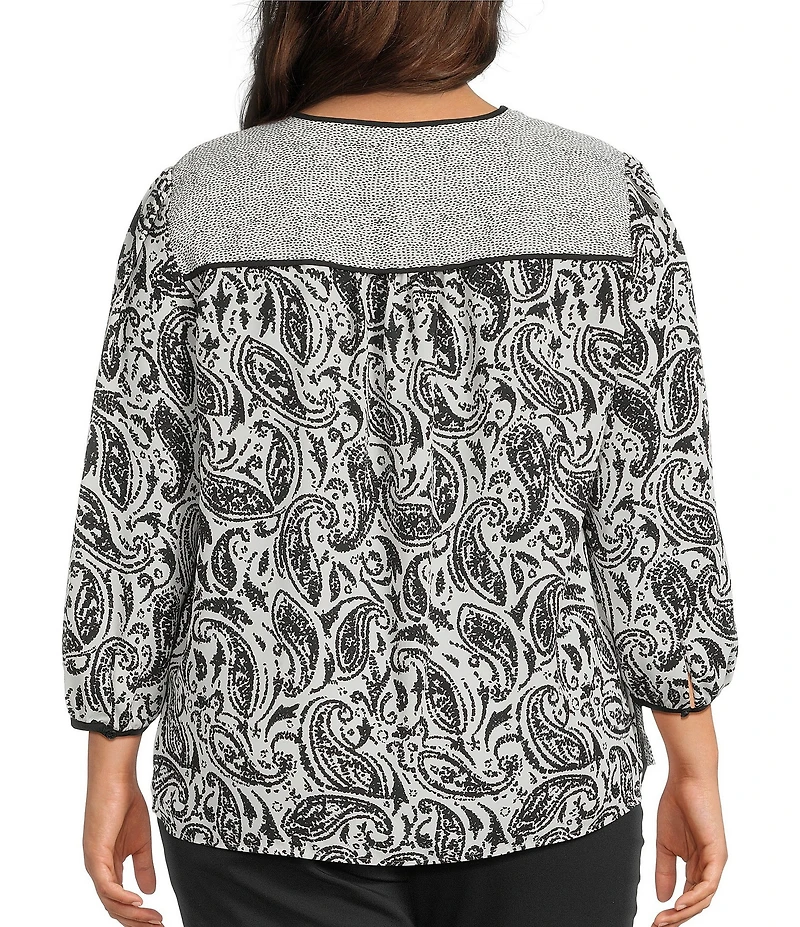 Investments Plus Size Dotted Paisley Mixed Print 3/4 Sleeve Split Round Neck Blouse