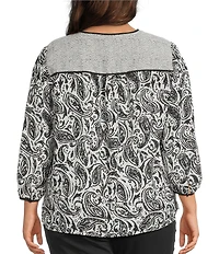 Investments Plus Size Dotted Paisley Mixed Print 3/4 Sleeve Split Round Neck Blouse