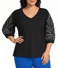 Investments Plus Size Elbow Sleeve Embroidery V-Neck Knit Top