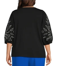 Investments Plus Size Elbow Sleeve Embroidery V-Neck Knit Top