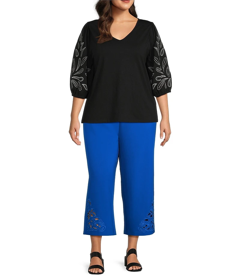 Investments Plus Size Elbow Sleeve Embroidery V-Neck Knit Top