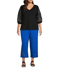 Investments Plus Size Elbow Sleeve Embroidery V-Neck Knit Top