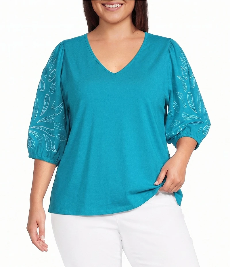 Investments Plus Size Elbow Sleeve Embroidery V-Neck Knit Top