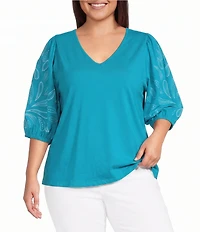 Investments Plus Size Elbow Sleeve Embroidery V-Neck Knit Top