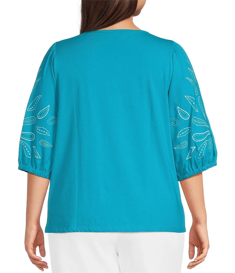 Investments Plus Size Elbow Sleeve Embroidery V-Neck Knit Top