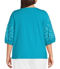 Investments Plus Size Elbow Sleeve Embroidery V-Neck Knit Top