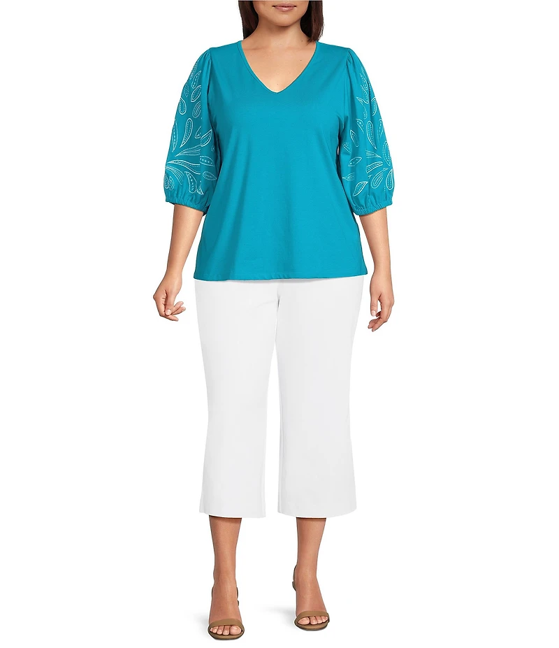 Investments Plus Size Elbow Sleeve Embroidery V-Neck Knit Top