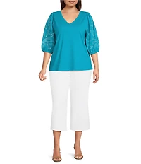 Investments Plus Size Elbow Sleeve Embroidery V-Neck Knit Top