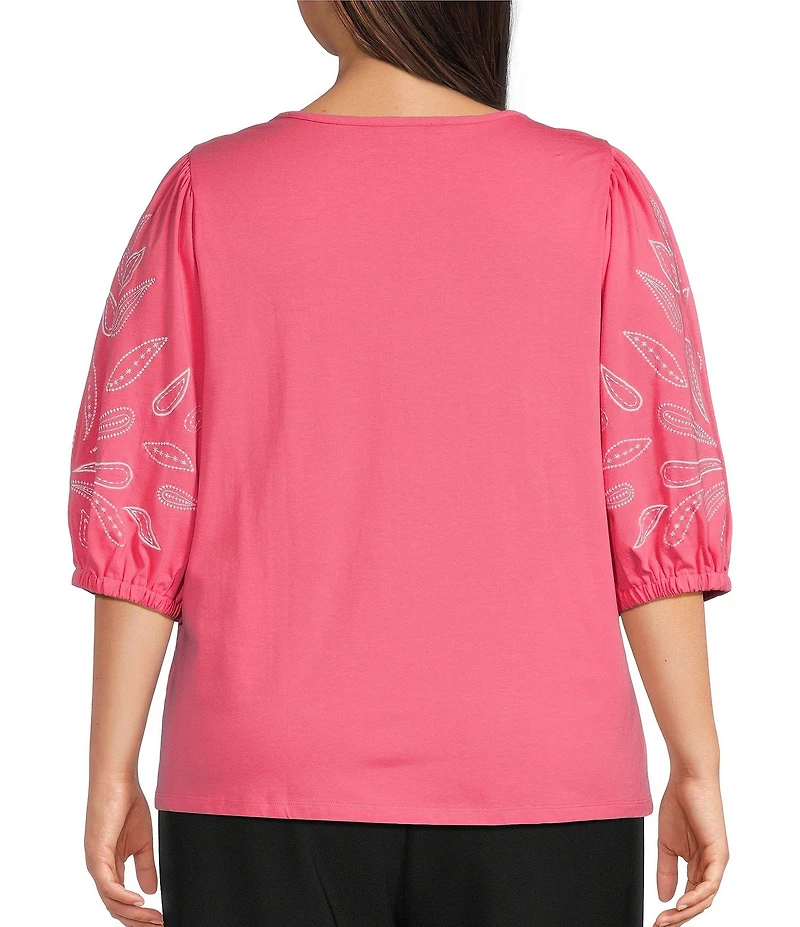 Investments Plus Size Elbow Sleeve Embroidery V-Neck Knit Top
