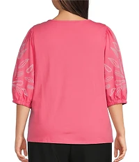 Investments Plus Size Elbow Sleeve Embroidery V-Neck Knit Top