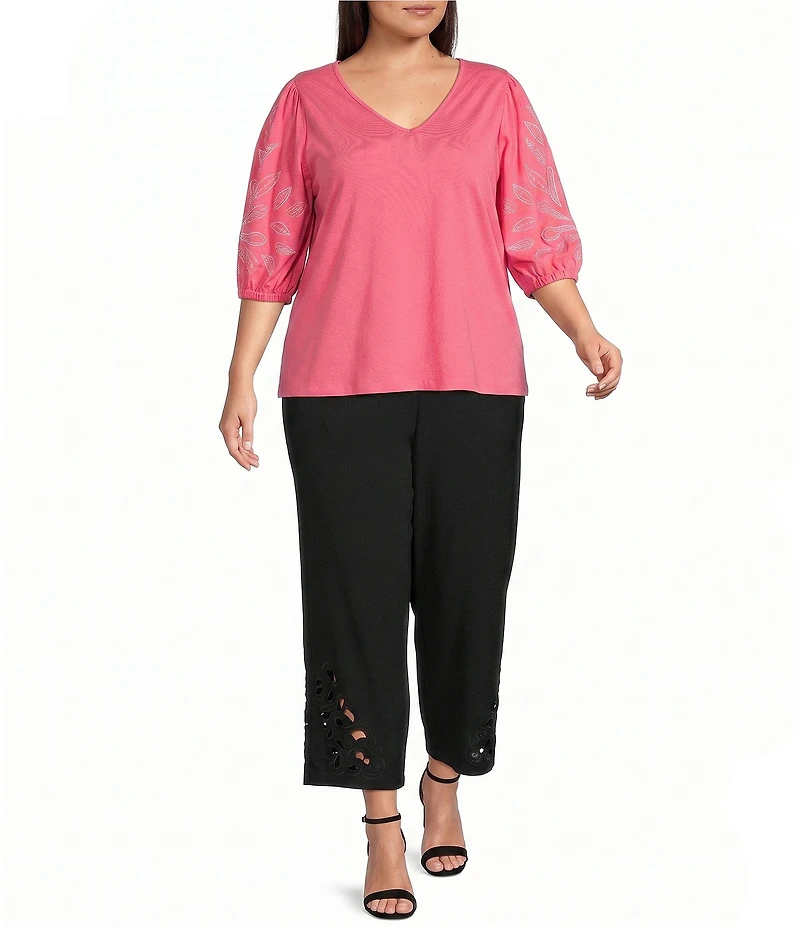 Investments Plus Size Elbow Sleeve Embroidery V-Neck Knit Top