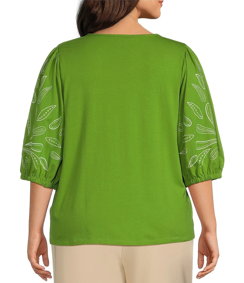 Investments Plus Size Elbow Sleeve Embroidery V-Neck Knit Top
