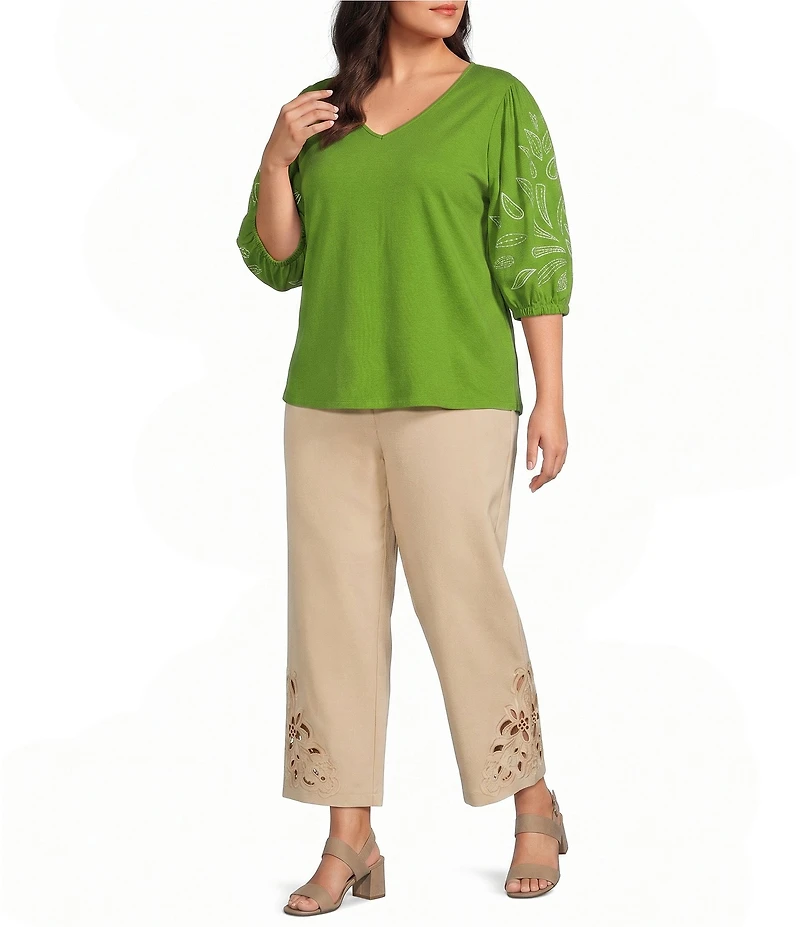 Investments Plus Size Elbow Sleeve Embroidery V-Neck Knit Top