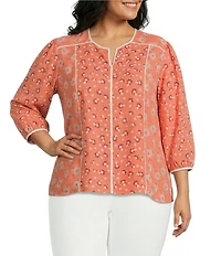 Investments Plus Size Geo Bouquet Mixed Print 3/4 Sleeve Split Round Neck Blouse