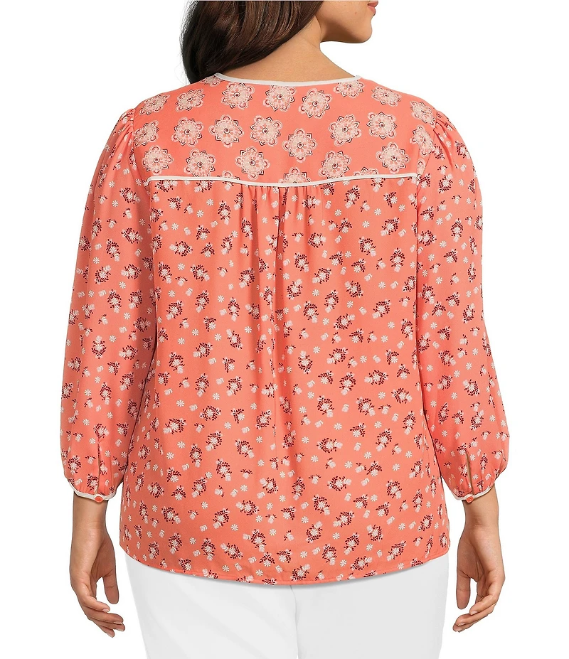 Investments Plus Size Geo Bouquet Mixed Print 3/4 Sleeve Split Round Neck Blouse