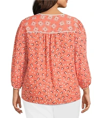 Investments Plus Size Geo Bouquet Mixed Print 3/4 Sleeve Split Round Neck Blouse