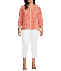 Investments Plus Size Geo Bouquet Mixed Print 3/4 Sleeve Split Round Neck Blouse