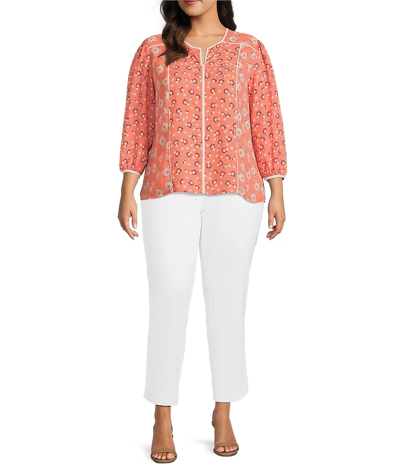 Investments Plus Size Geo Bouquet Mixed Print 3/4 Sleeve Split Round Neck Blouse