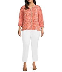 Investments Plus Size Geo Bouquet Mixed Print 3/4 Sleeve Split Round Neck Blouse