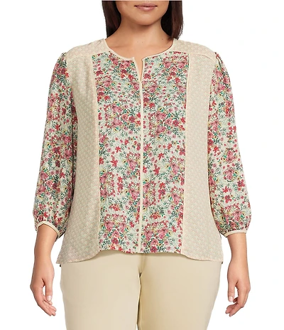 Investments Plus Size Geo Floral Mixed Print 3/4 Sleeve Split Round Neck Blouse