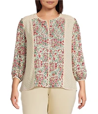 Investments Plus Size Geo Floral Mixed Print 3/4 Sleeve Split Round Neck Blouse