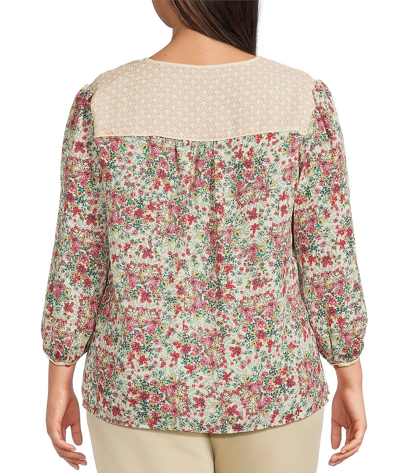 Investments Plus Size Geo Floral Mixed Print 3/4 Sleeve Split Round Neck Blouse